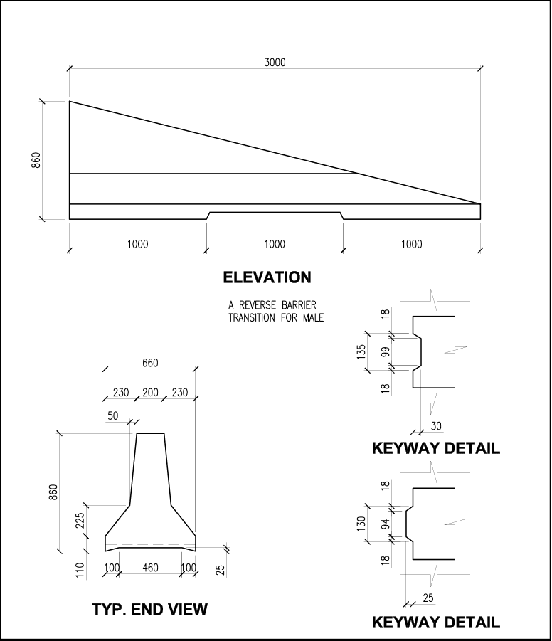 850 City Style transition precast concrete barrier schematic