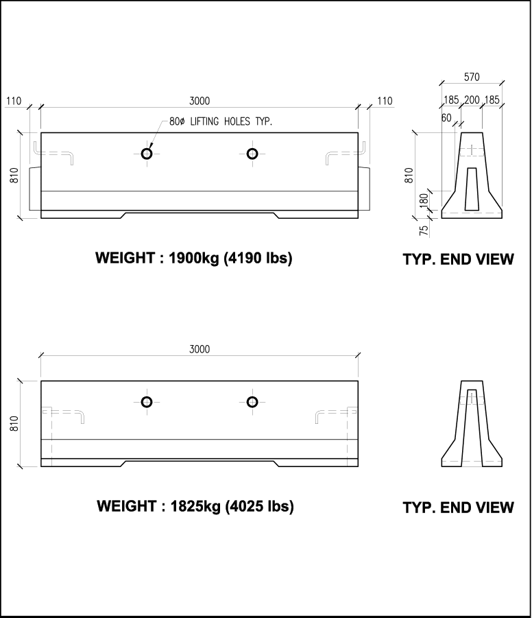 Full F-Style precast concrete barrier schematic