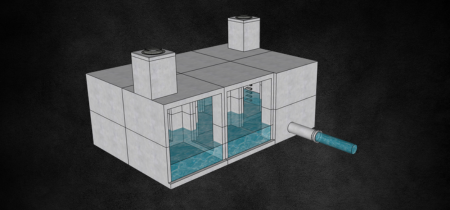 Computer-generated image of a modular underground stormwater detention system made of precast concrete blocks, with clear panels showing internal water storage chambers and an external outflow pipe, set against a dark textured background.