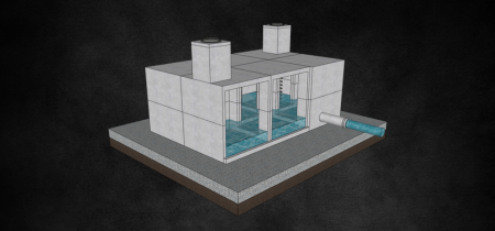 Digital model of a stormwater infiltration system constructed from precast concrete, shown with a cutaway view revealing interior water channels, mounted on a gravel base layer, complete with manhole covers and a side pipe, all set against a textured dark background.