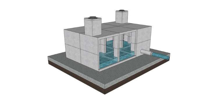 Digital model of a stormwater infiltration system constructed from precast concrete, shown with a cutaway view revealing interior water channels, mounted on a gravel base layer, complete with manhole covers and a side pipe.