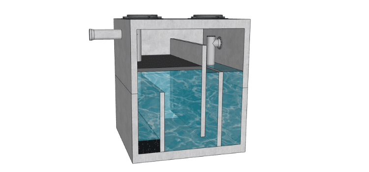 Illustration of an oil-water separator system, constructed from precast concrete with transparent viewing panels showing the separation process inside, equipped with an inlet pipe, internal baffles, and a secure top with service access.