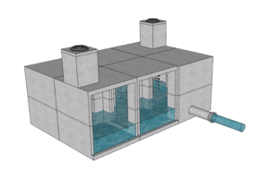 Illustration of a precast concrete stormwater management system, featuring a modular vault with transparent sections revealing the interior water channels, and external piping. Two manhole covers are present on the top for access.