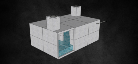 A 3D rendering of a precast concrete stormwater retention system with a semi-transparent side showing internal water levels, topped with manhole covers, against a dark background.