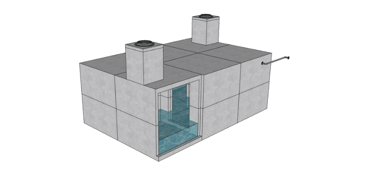 A 3D rendering of a precast concrete stormwater retention system with a semi-transparent side showing internal water levels, topped with manhole covers.