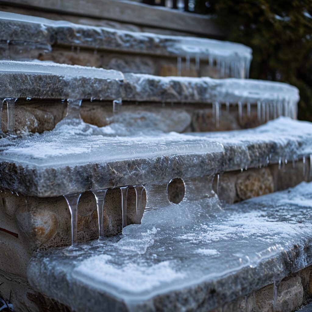 Icy precast concrete steps with visible salt residue and hanging icicles, indicating recent de-icing efforts and freezing temperatures.